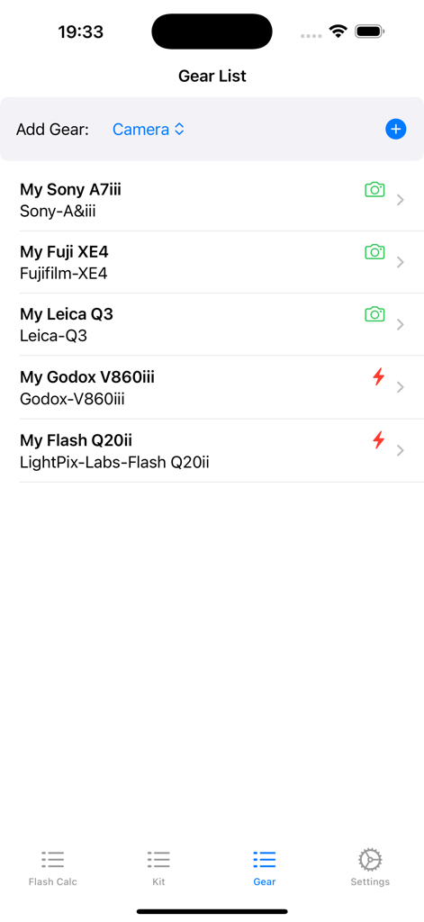 Manual Flash Calculator - A mobile app screen showing a list of photography gear including Sony, Fuji, and Leica cameras along with Godox flashes.
