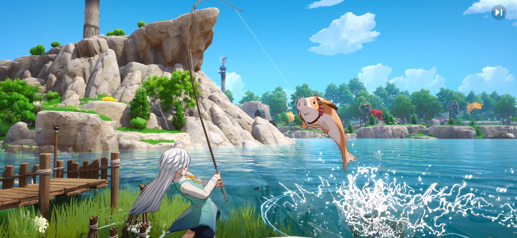 An anime character fishing in a vibrant open world environment in The Seven Deadly Sins Origin