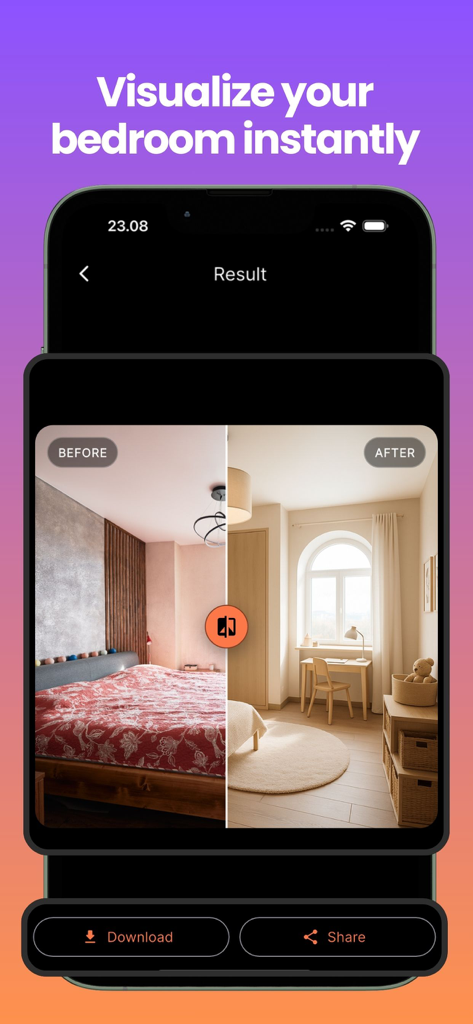 Bedroom Design AI Planner - A mobile app interface showing a side-by-side before and after comparison of a bedroom redesign using AI