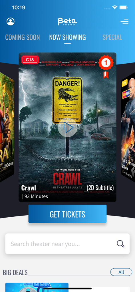 Beta Cinemas mobile app interface showing now showing movie tickets with a search bar and navigation menu