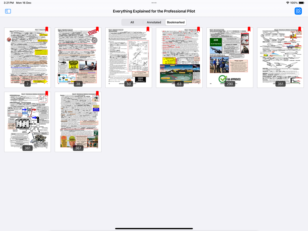 EEPP - A grid view of bookmarked pages in the Everything Explained for the Professional Pilot app on an iPad showing red bookmarks on technical manual thumbnails.