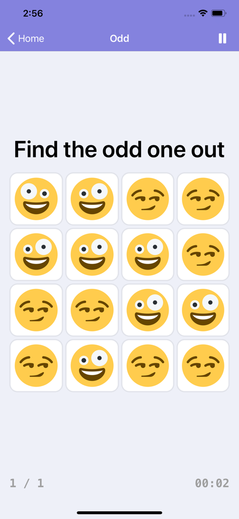 Um ecrã de jogo de treino cerebral intitulado Encontre o intruso, com uma grelha de emojis amarelos