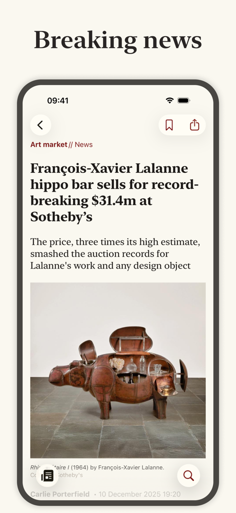 The Art Newspaper - The Art Newspaper mobile app displaying a breaking news article about a record-breaking art auction at Sotheby's.