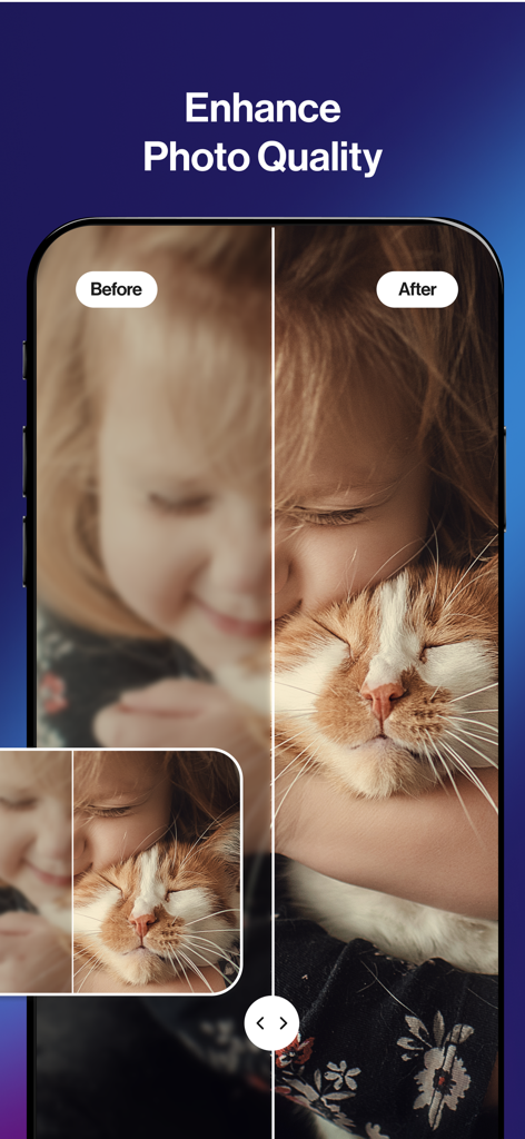 Photo Enhancer - AIPhotor - Before and after comparison showing photo enhancement of a child hugging a cat