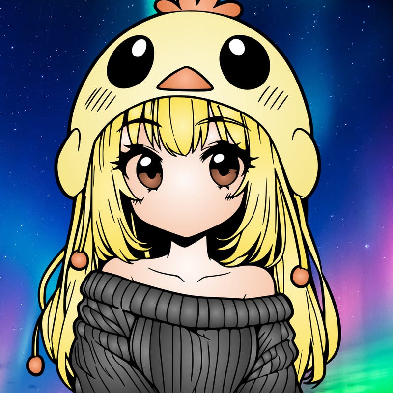 anime girl with chick shaped hat with sweater with bare shoulders with bangs covering them one eye with low tail
