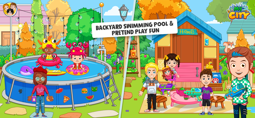 Personajes de dibujos animados jugando en una piscina trasera y una casa de juegos de madera