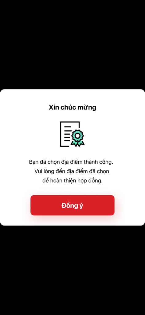 HD Saison - HD Saison app confirmation screen showing a success message for choosing a location to finalize a loan contract