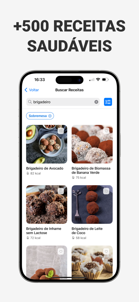 Dieta e Emagrecer: Alimente-se - Mobile app screen showing a search for healthy dessert recipes with calorie counts.