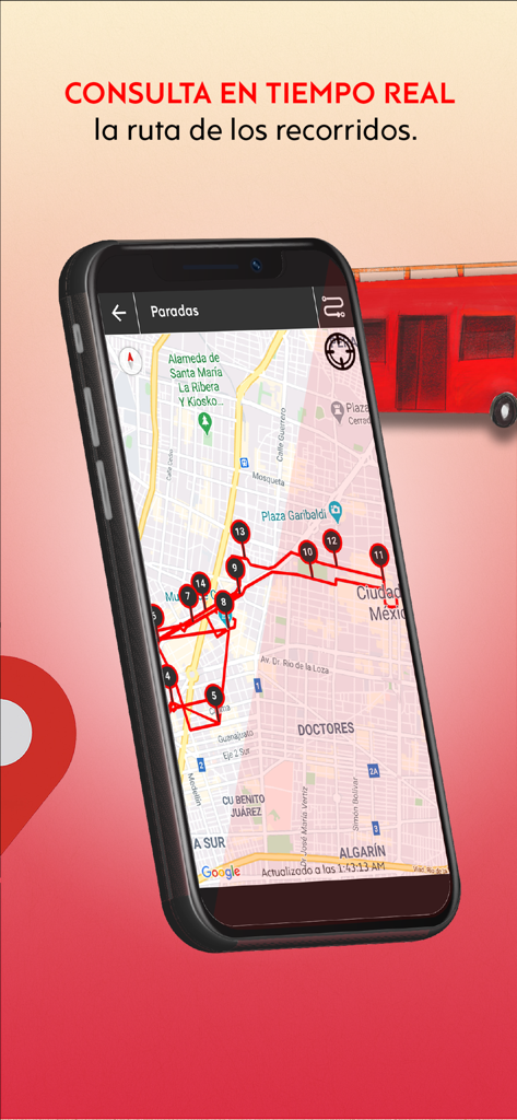 Turibus - Turibus app showing a real-time map of sightseeing bus routes and numbered stops in Mexico City.
