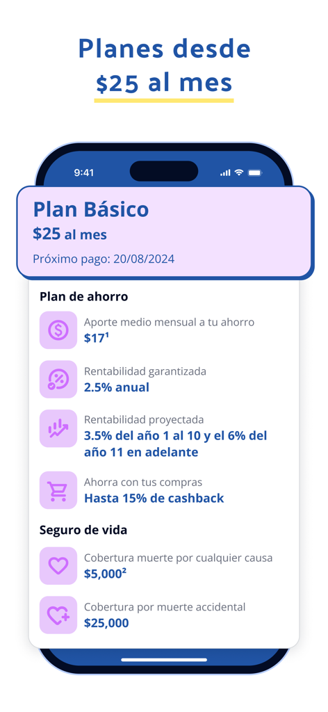 BMI Ahorro Ecuador - BMI Ahorro Ecuador app screenshot displaying basic plan features including savings and life insurance benefits