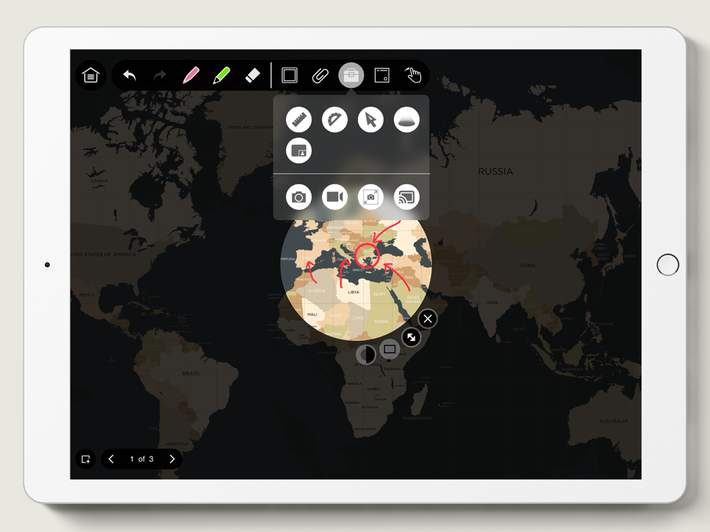 IPEVO Whiteboard - IPEVO Whiteboard app on an iPad displaying world map annotations and educational drawing tools.