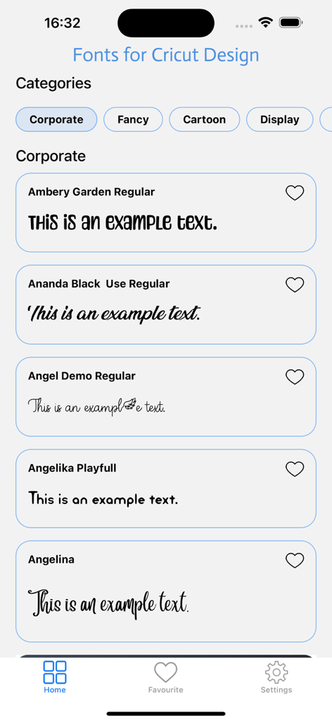 Fonts for Cricut Design - Smartphone screen showing a list of different fonts and style categories in the Fonts for Cricut Design app.