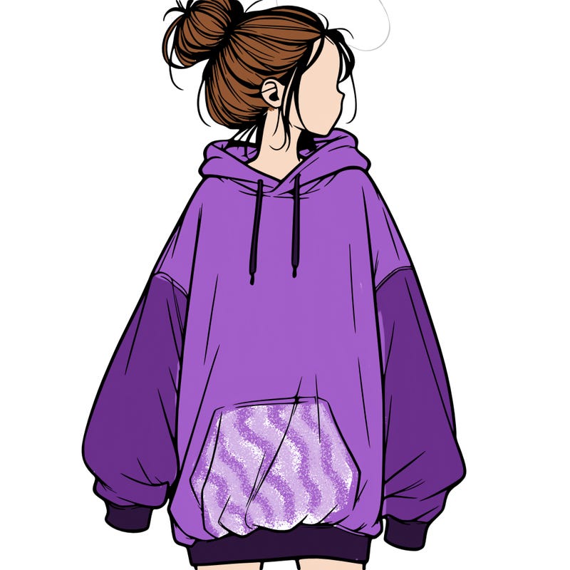 realistic girl with a oversized sweatshirt on and a bun