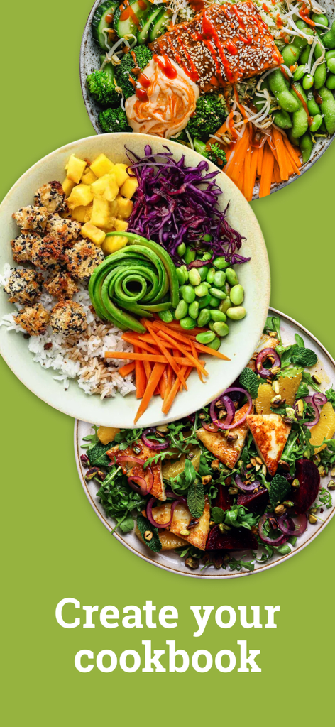 KptnCook Recipes & Cooking - Vibrant healthy meal bowls with the text Create your cookbook on a green background