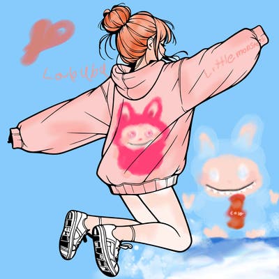 realistic girl jumping with a bun and oversized sweatshirt