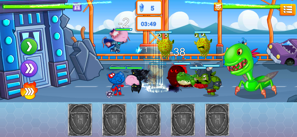 Hippo characters dressed as superheroes fighting monsters in a city battle