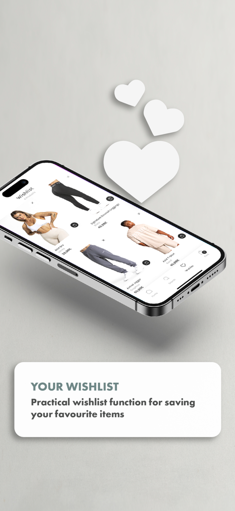 Smartphone showing the wishlist feature of the TEVEO athleisure app