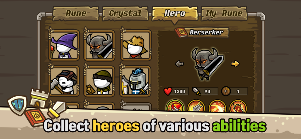 Una interfaz de juego que muestra diferentes personajes héroes coleccionables y sus estadísticas de combate