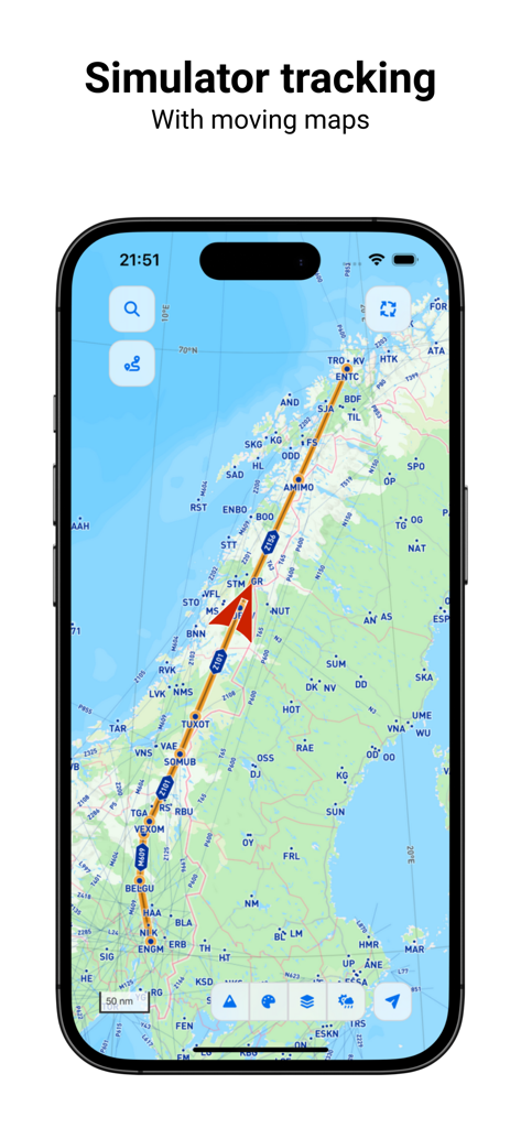 FlyCharts - iPhone screen displaying FlyCharts live simulator tracking with a moving map and flight path