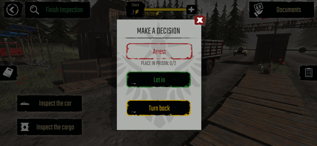 Contraband Police Mobile - A decision menu in Contraband Police Mobile with options to arrest let in or turn back a suspect at a border crossing