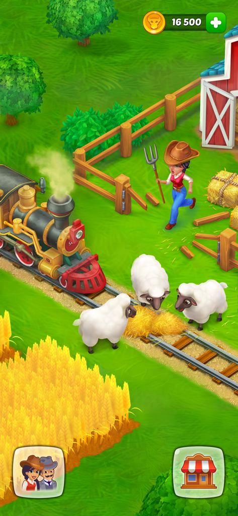 Gameplay von Wild West Farm Town Building mit einem Dampfzug und Schafen auf einer Ranch.