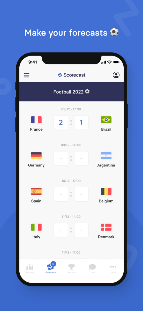 Scorecast | Sport Forecasting - Scorecast app screen showing football match predictions for international teams like France and Brazil