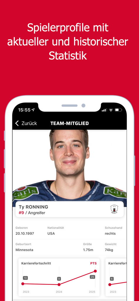 Deutsche Eishockey Liga - DEL app player profile page showing career statistics and personal information