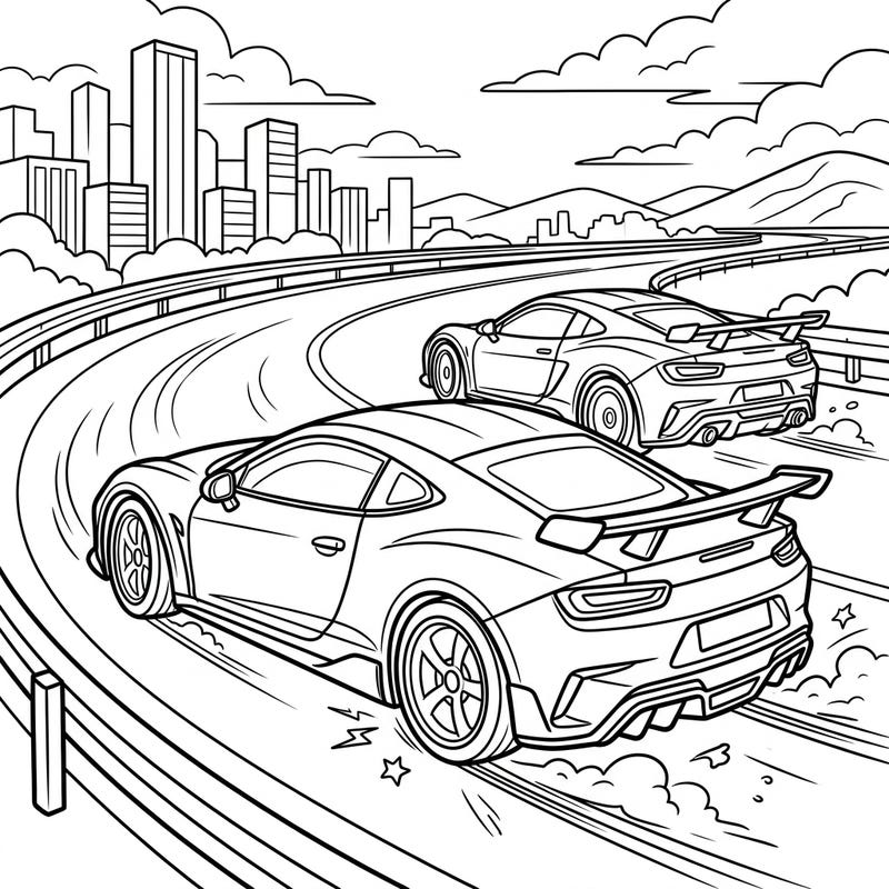 Ignite your child's imagination with this thrilling coloring page featuring two high-performance sports cars in action. Watch as they speed along a winding highway, ready for an exciting adventure.