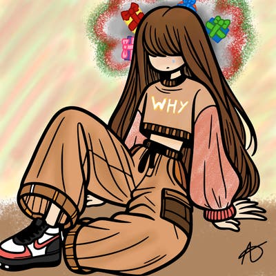 a girl with baggy pants and a crop top with long hair