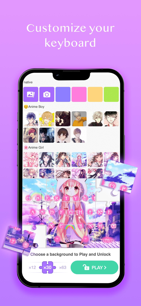 Jigsaw Keyboard-win Kika Theme - Interfaz de la aplicación móvil que muestra una galería de temas de teclado con personajes de anime y un juego de rompecabezas para desbloquearlos
