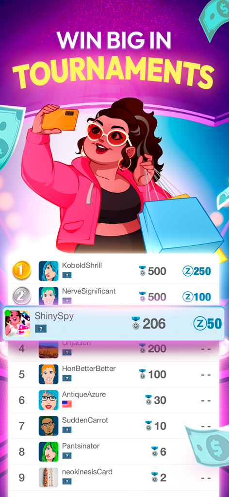 Blackout Slots: Skill Reels - Una tabla de clasificación de torneos en Blackout Slots que muestra las clasificaciones de los jugadores y las recompensas en moneda virtual.