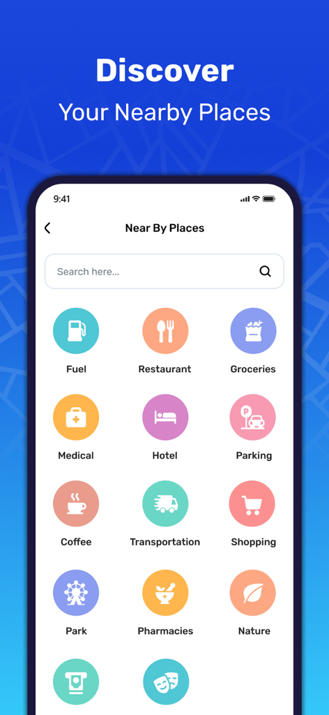 GPS Map Navigation - Nearby places discovery screen with category icons for fuel restaurants and parking