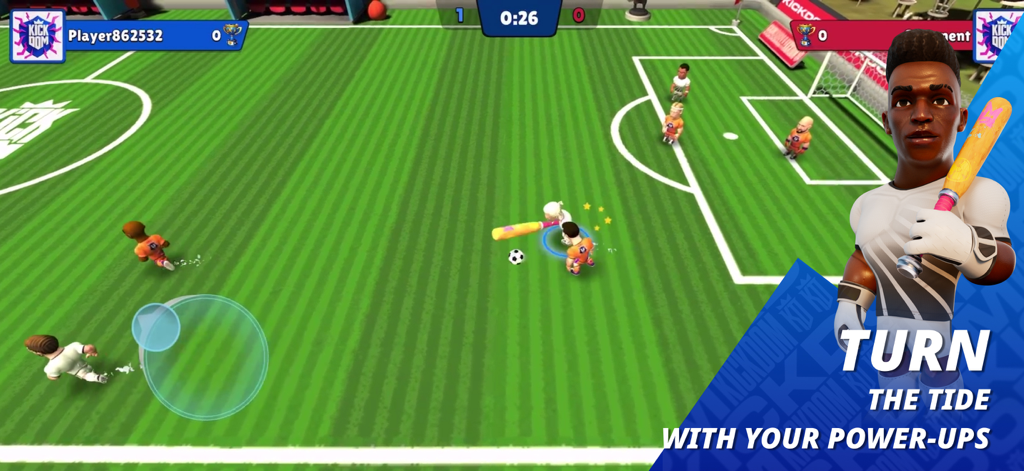 KICKDOM - A player using a baseball bat power up in the Kickdom arcade football mobile game.