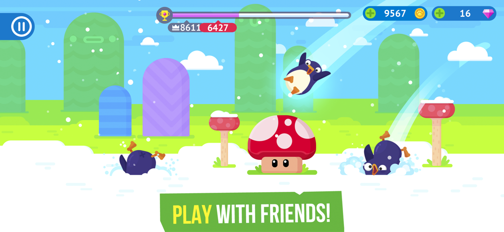 バウンスマスターズのゲームで、カラフルな風景の中を飛ぶペンギン