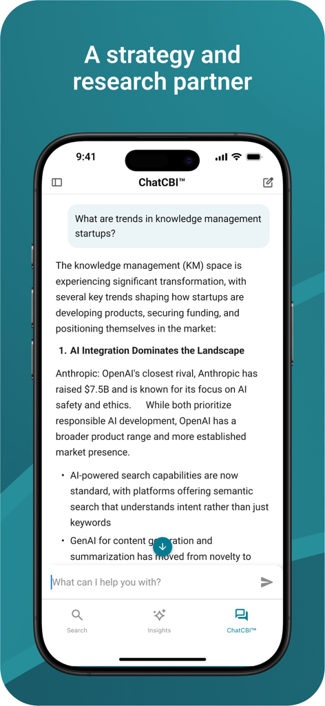 CB Insights - Interface of the CB Insights app featuring ChatCBI, an AI-powered strategy and research assistant providing insights on knowledge management startups.