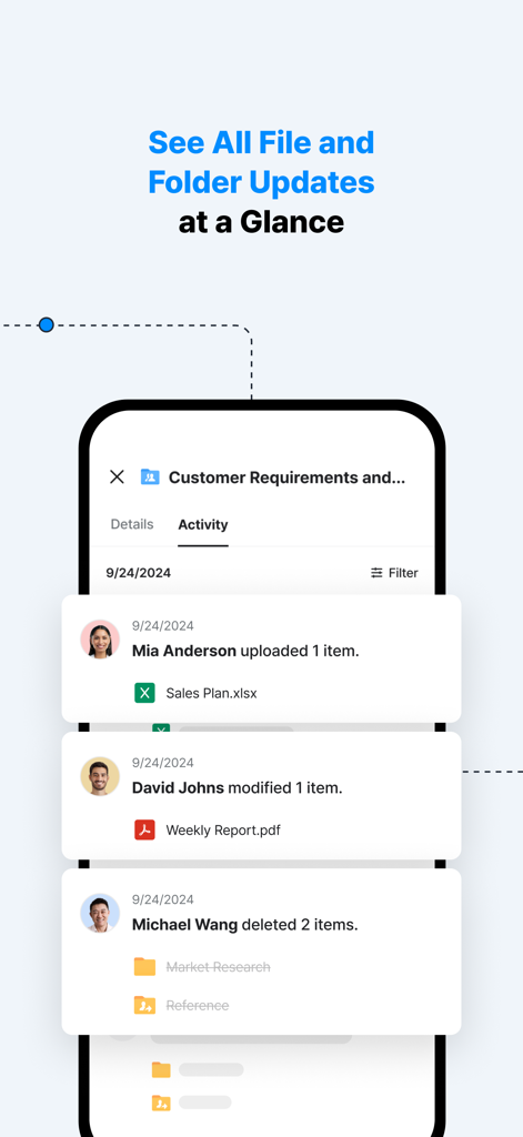Interface do LINE WORKS Drive mostrando feed de atividades em tempo real de atualizações de arquivos e pastas por membros da equipe