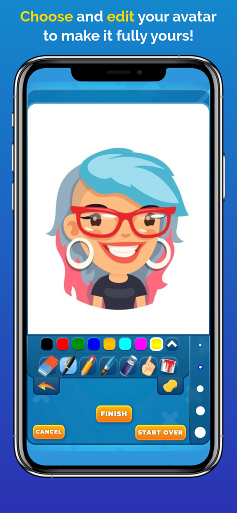 Interface for customizing a personal avatar in the Drawize app using various drawing tools and colors.