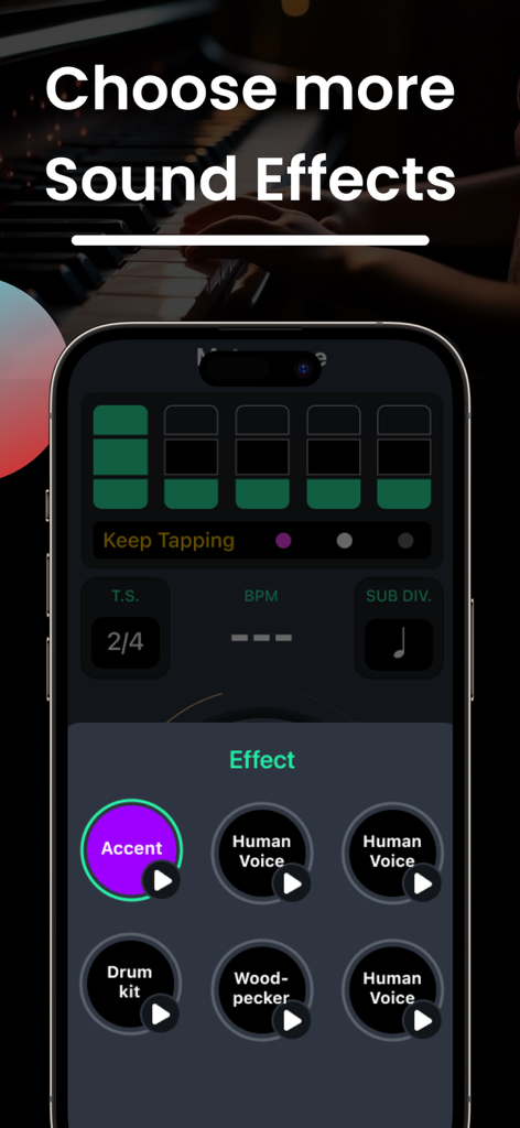 Metronome Master: Beats Tempo - Metronome Master app interface displaying various beat sound effect options like Accent Human Voice and Drum Kit over a piano background