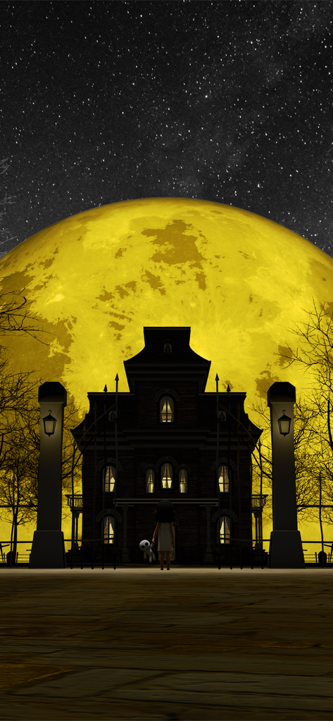 A spooky mansion silhouette in front of a giant yellow moon and starry night sky