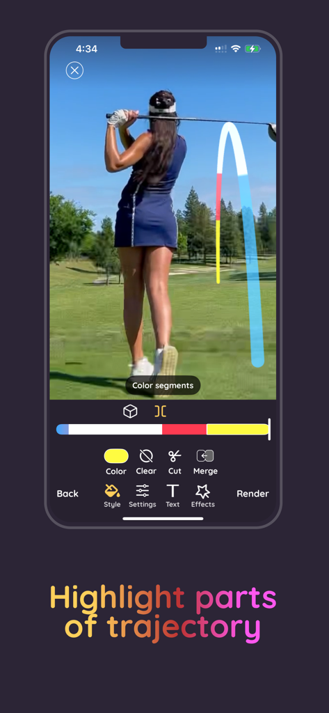 Ace Trace - Shot Tracker - Ace Trace app interface showing a golfer with a colorful multi-segmented shot trajectory trace