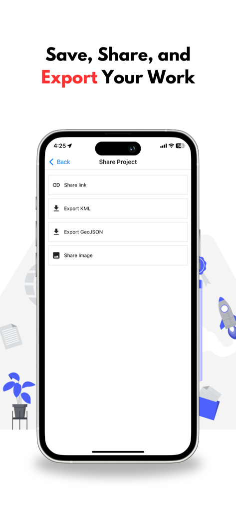 GPS Land Measurement & Survey - Mapulator app screen showing project sharing and export options for KML and GeoJSON files