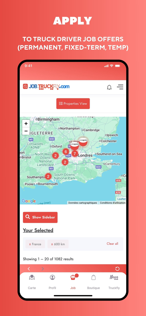 Mobile screen showing a map of the UK with several pins indicating truck driver job offers and options to apply for permanent or temporary roles.
