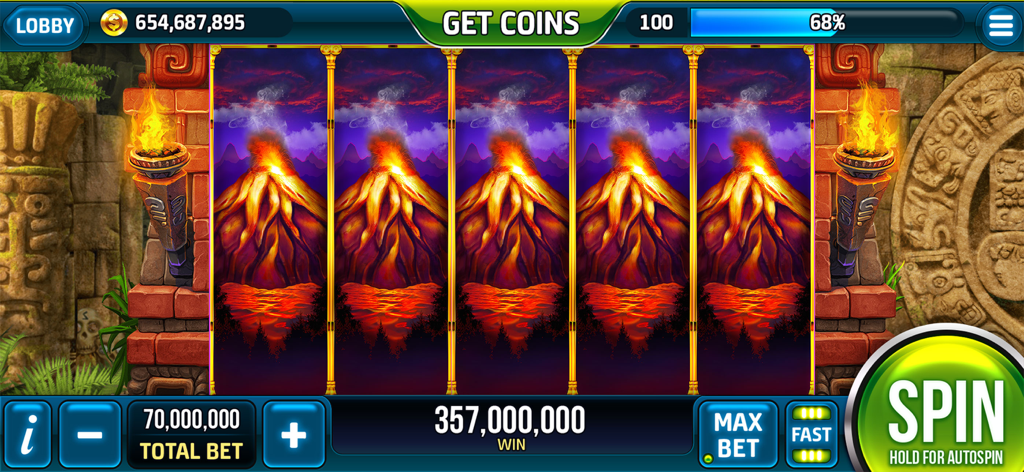 Big win screen on a volcano themed slot machine in Slots Pharaohs Vegas Casino app