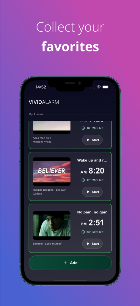 VividAlarm – Video Alarm Clock - Pantalla de la aplicación VividAlarm mostrando una colección de alarmas de video personalizadas