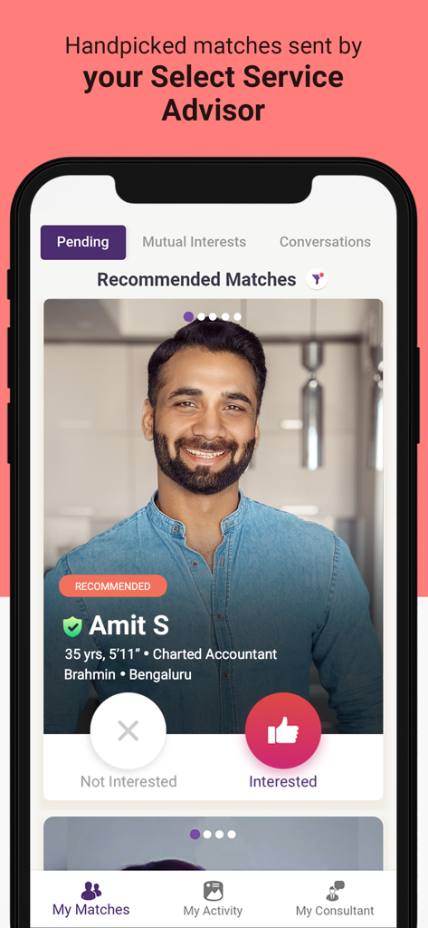 Mobile screen of Select Shaadi app showing a recommended match handpicked by a service advisor