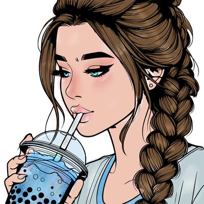 realistic girl drinking boba tea with braided hair