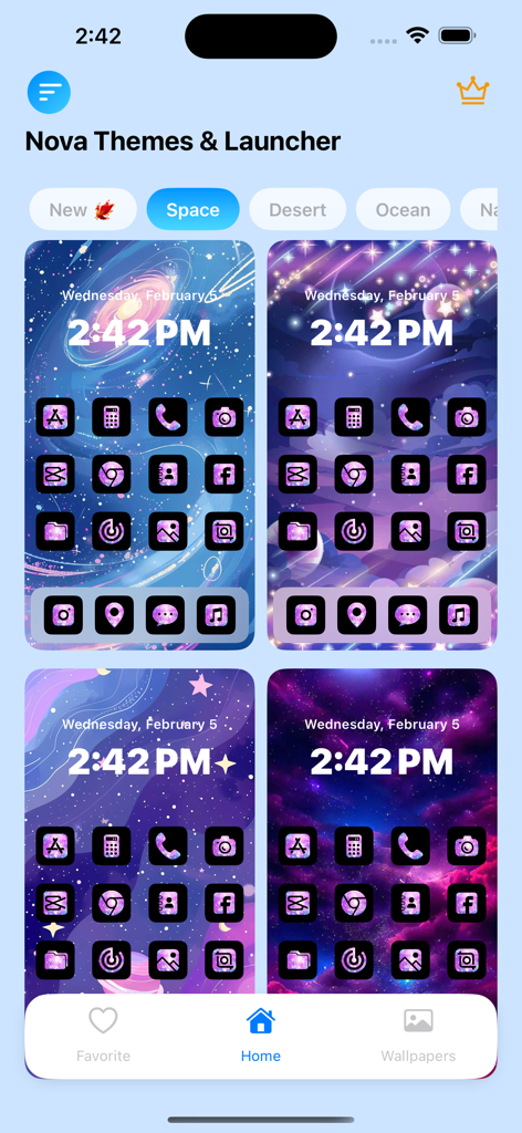 Nova Themes & Launcher - Nova Themes and Launcher app displaying four different space themed iPhone home screen setups with galaxy wallpapers and custom icons