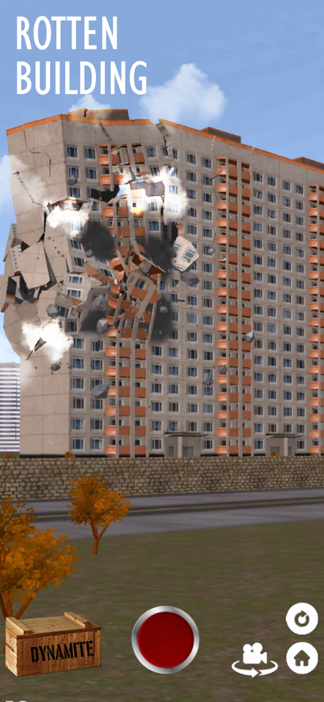 A tall apartment building being destroyed by explosives in the Fake Island Demolish mobile game.