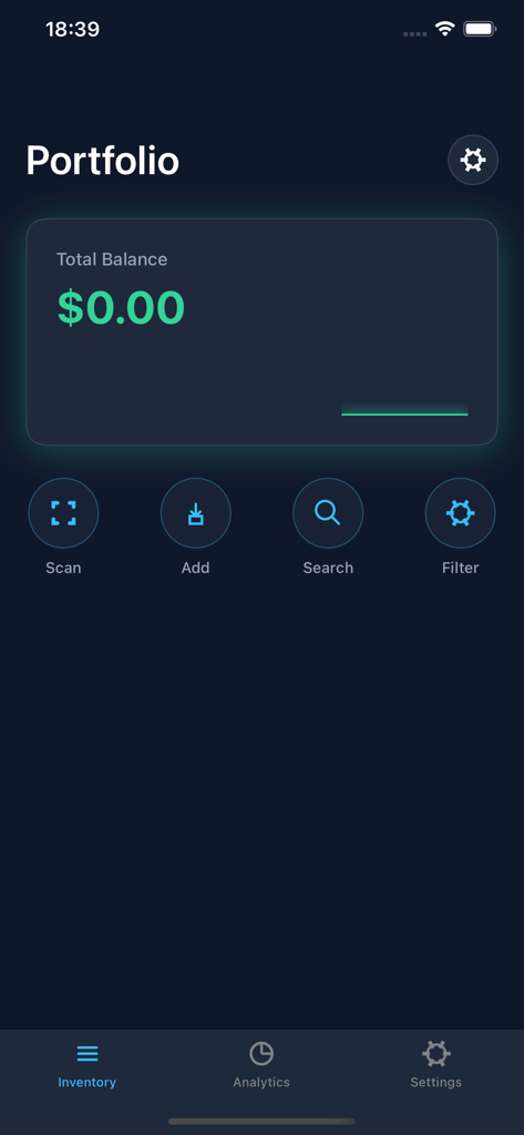 Barcode Simple Inventory App Portfolio-Dashboard-Bildschirm mit Gesamtbilanz und Schnellauswahl-Schaltflächen