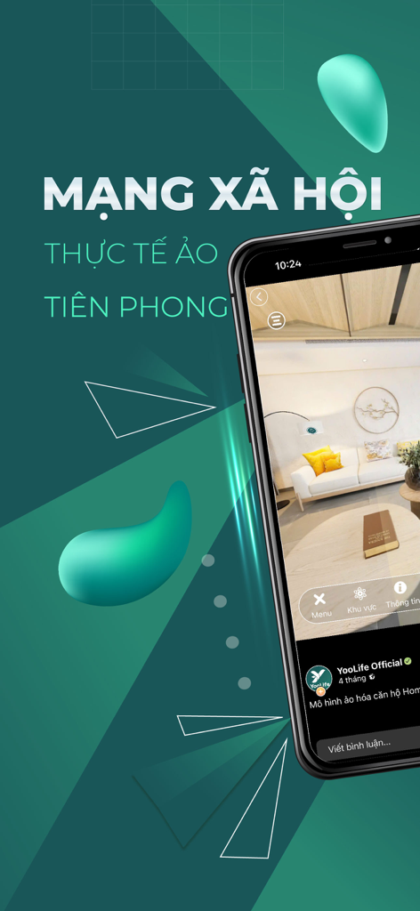 Smartphone showing the YooLife app interface with a virtual reality social network display.